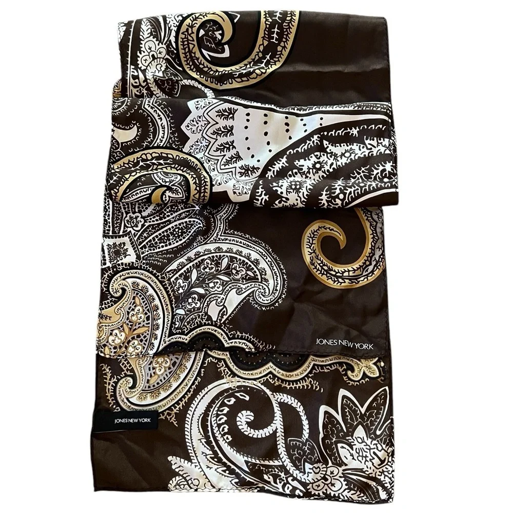 JONES NEW YORK Oblong Silk Scarf, Brown / Gold Bandanna Print